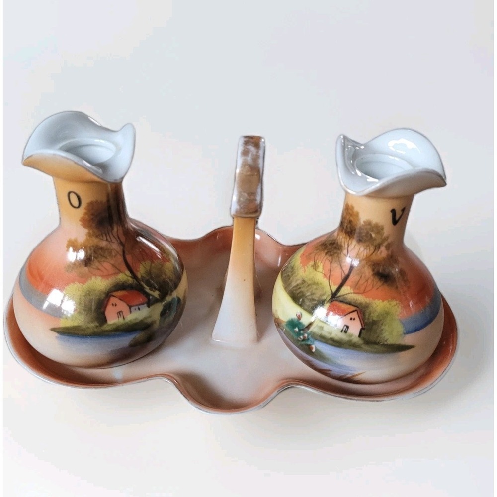 Vintage Noritake Hand Painted Oil and Vinegar Set W Base NO STOPPERS Asian Scene